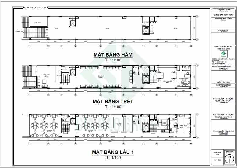 Ảnh mặt bằng tầng hầm, tầng trệt và lầu 1 của mẫu khách sạn hiện đại 10 tầng