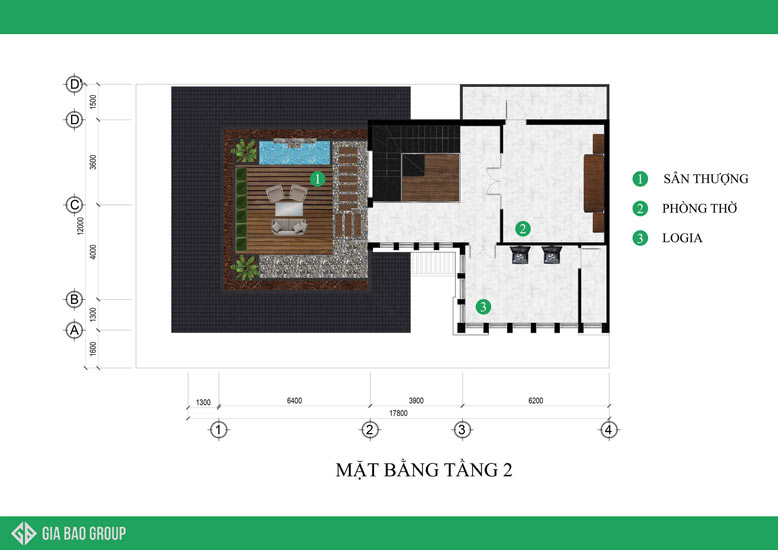 Bản vẽ mặt bằng tầng 2 của biệt thự hiện đại mái ngói