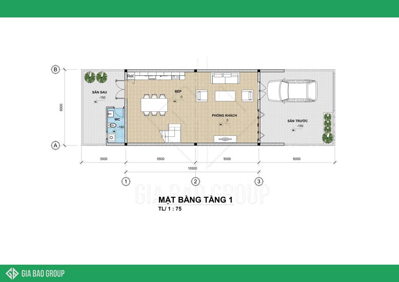 Mặt bằng tầng 1 - mẫu nhà phố hiện đại 2020