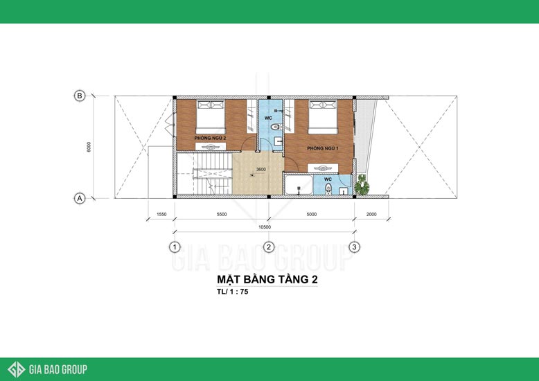 Mẫu nhà phố hiện đại 2020 - bản vẽ mặt bằng tầng 2