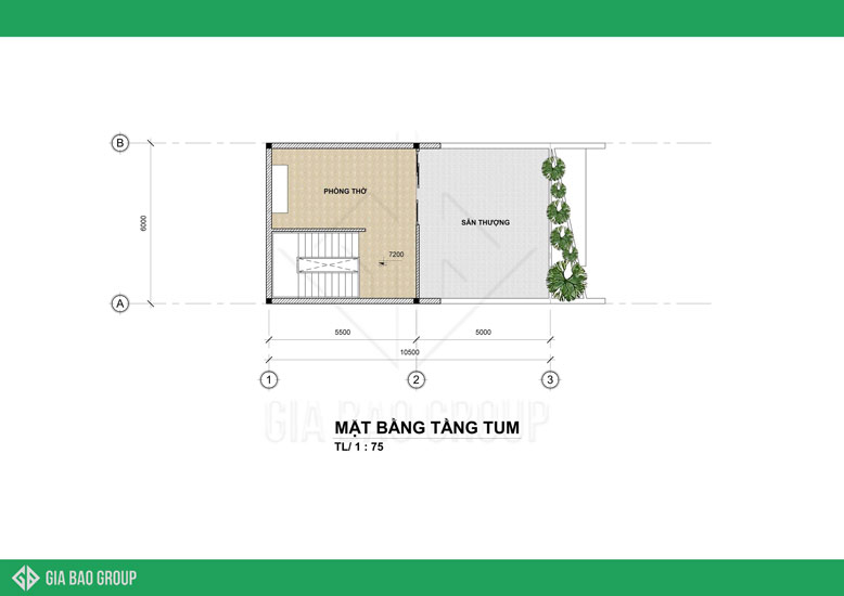 Mẫu nhà phố hiện đại 2020 - bản vẽ mặt bằng tầng tum với không gian xanh