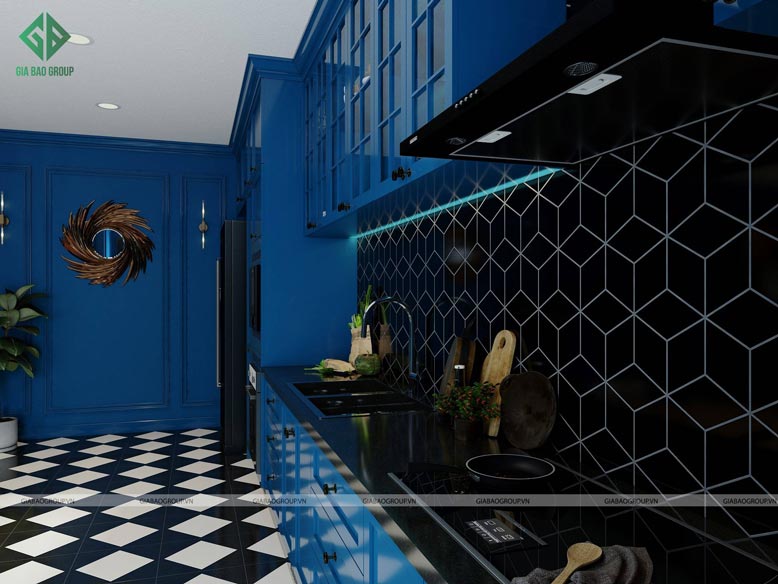 Không gian bếp bên trong mẫu nội thất căn hộ tân cổ điển được phối các tông màu nhẹ nhàng, thanh lịch