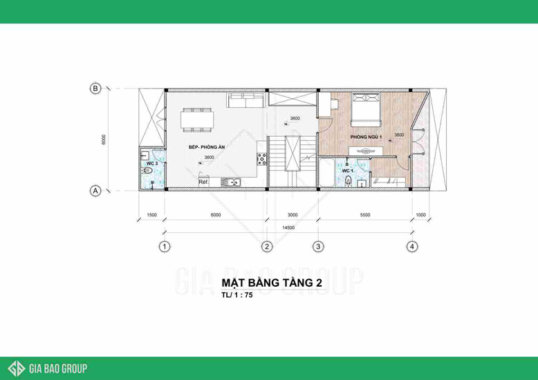 Khu vực bếp tầng 2 của mẫu nhà phố 1 trệt 3 lầu