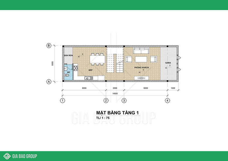 Bản vẽ thiết kế tầng 1 của mẫu nhà phố 3 tầng tân cổ điển