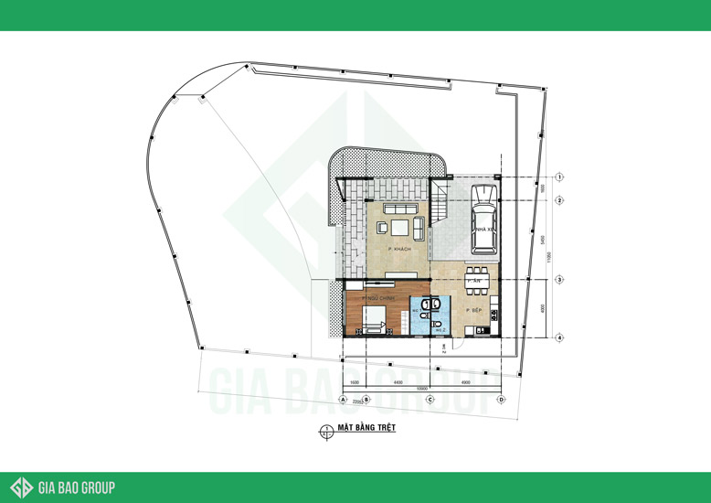Bản thiết kế mặt bằng tầng trệt mẫu biệt thự 1 trệt 1 lầu