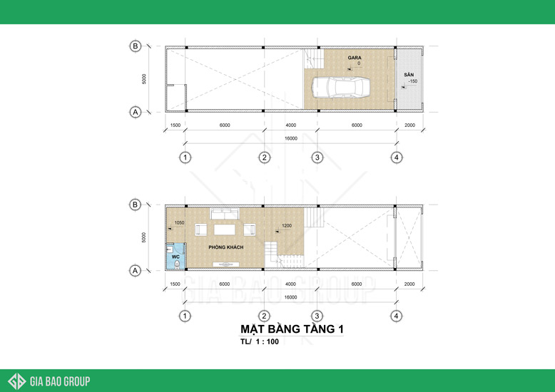 Bản vẽ mặt bằng tầng 1 mẫu nhà phố 1 trệt 3 lầu đẹp