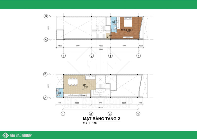 Mẫu nhà phố 1 trệt 3 lầu đẹp với phòng ngủ và phòng bếp ở tầng 2