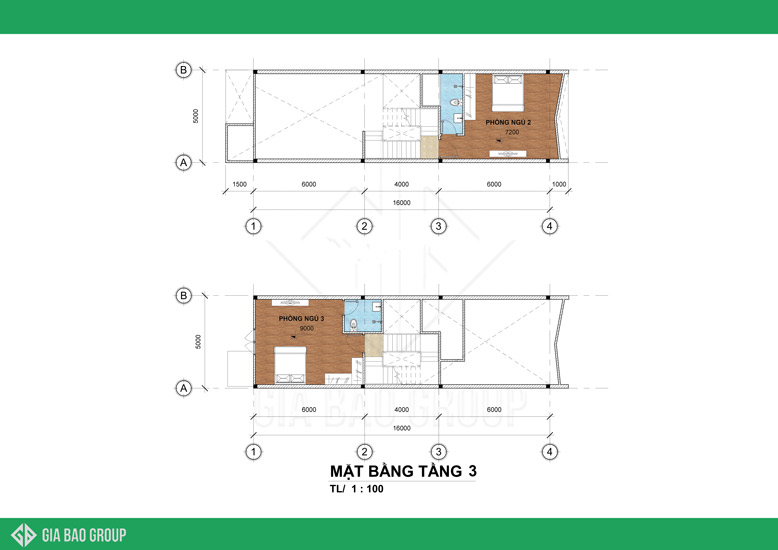 Mẫu nhà phố 1 trệt 3 lầu đẹp với 2 phòng ngủ