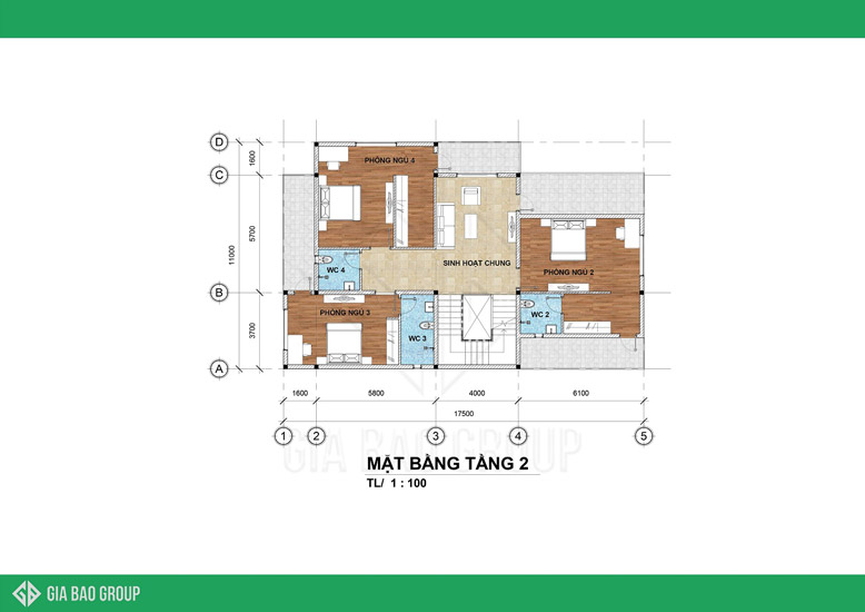 Bản vẽ mặt bằng tầng 2 trong công trình thiết kế thi công biệt thự hiện đại 3 tầng đẹp