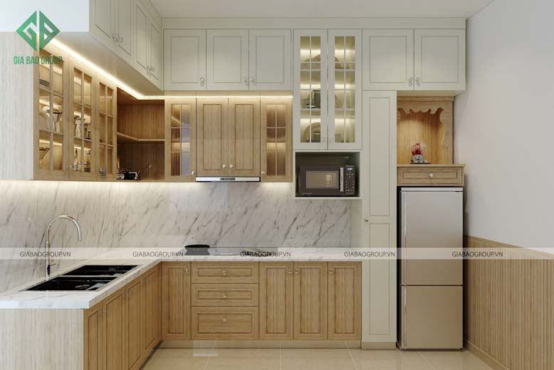 Nội thất bếp đẹp với thiết kế gỗ nâu sáng màu đẹp, sang trọng