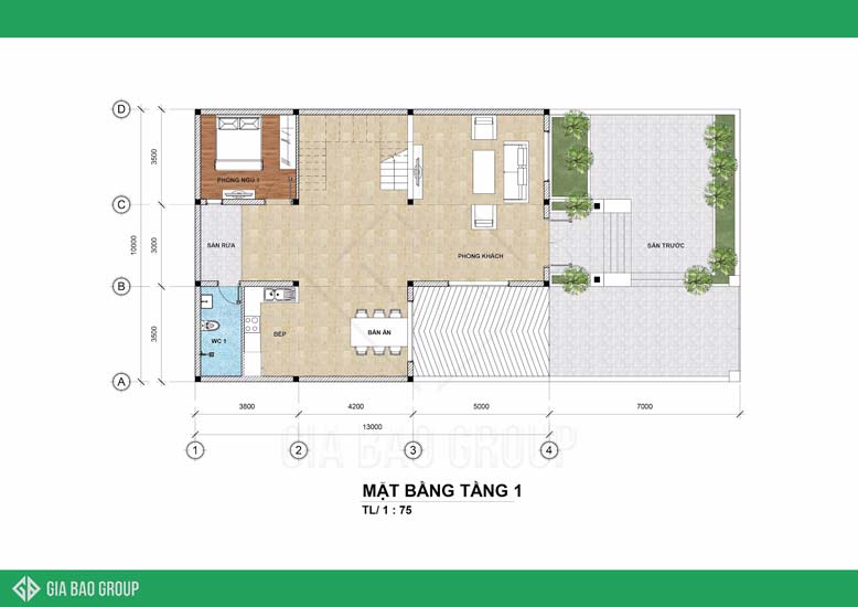 Mặt bằng tầng 1 nhà tân cổ điển.