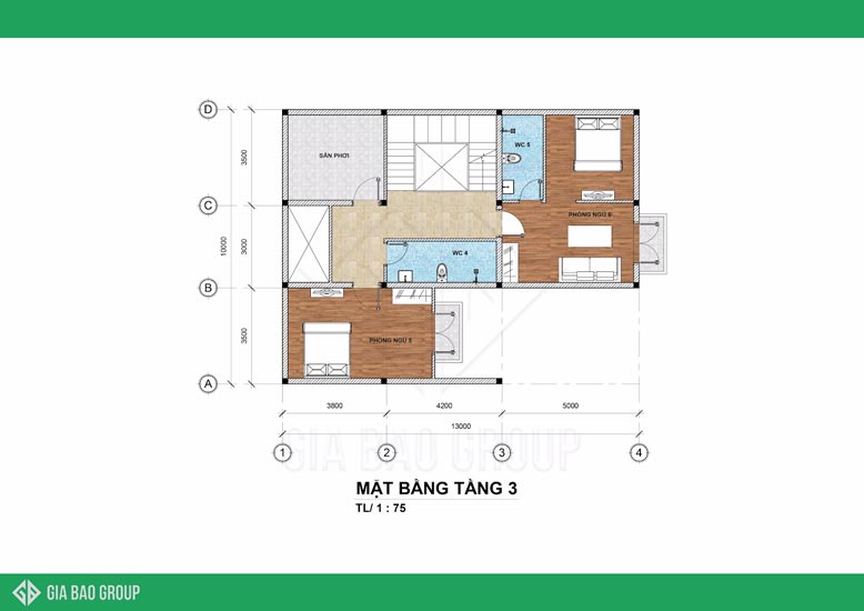 Mặt bằng tầng 3 nhà tân cổ điển.