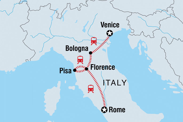 Khoảng cách vị trí địa lý của tháp nghiêng Pisa so với Venice và Rome