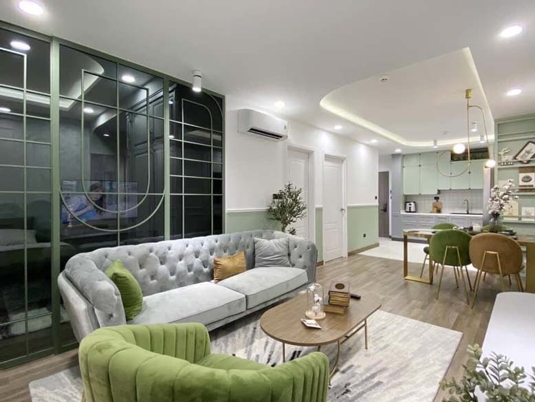 Phòng khách hiện đại hợp với tông màu xanh rêu