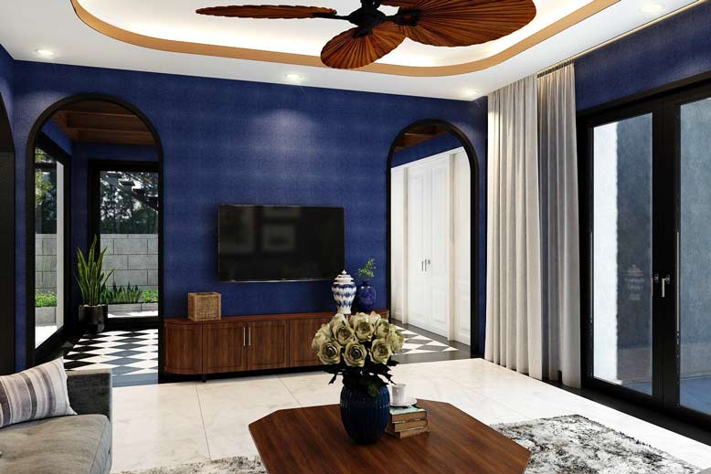 Phòng khách hiện đại hợp với tông màu xanh navy
