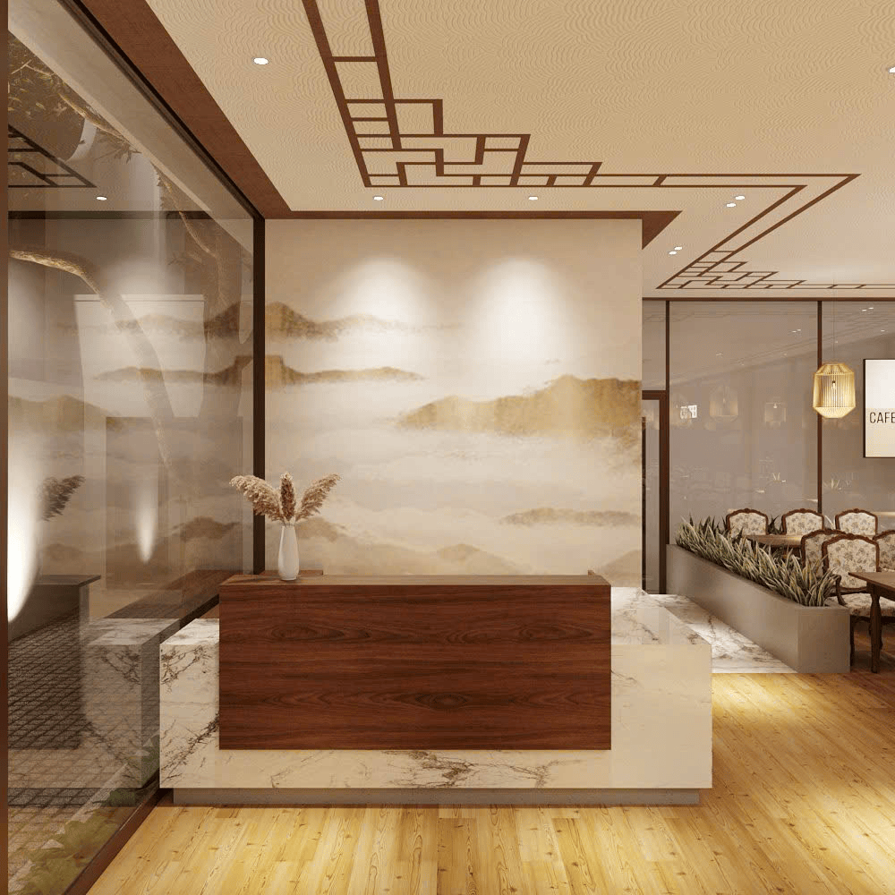 Quầy lễ tân thiết kế hiện đại với điểm nhấn là mảng tường tranh sơn thủy tinh tế