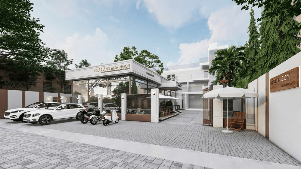 Không gian mặt trước nhà hàng rộng mở với lối đi thông thoáng và bảng hiệu nổi bật