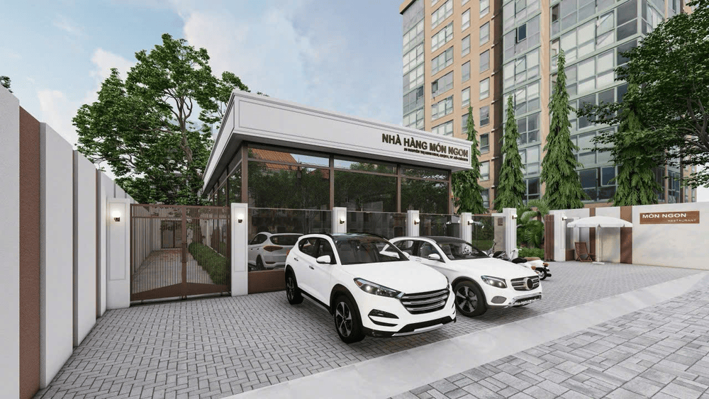 Khu vực trung tâm nhà hàng bố trí cây xanh tạo điểm nhấn tự nhiên và thư giãn