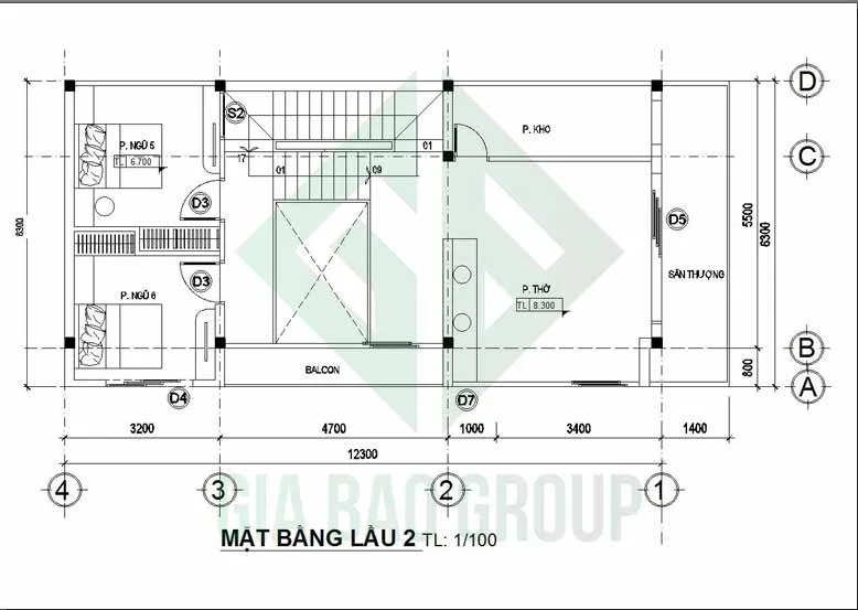 Mặt bằng lầu 2 của mẫu nhà phố 3 tầng