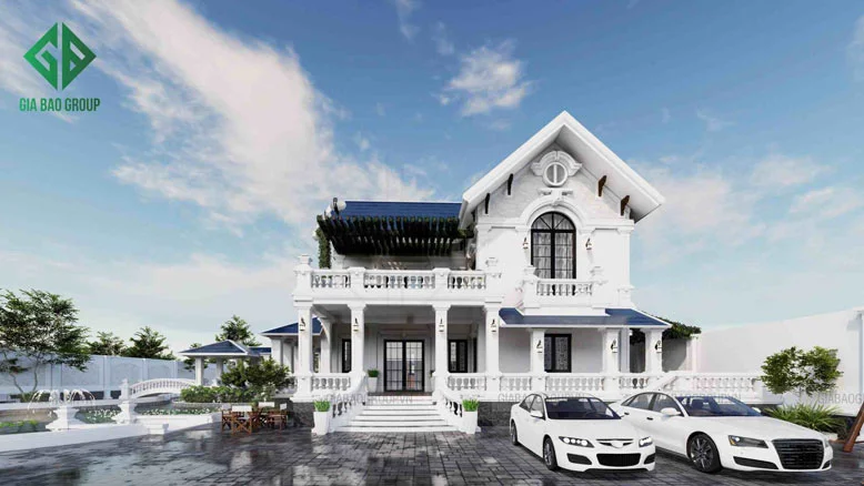 Mặt tiền biệt thự 2 tầng được xây dựng hợp phong thủy với gia chủ