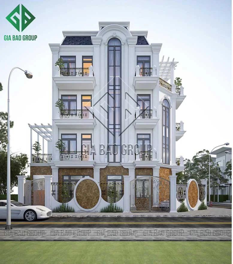 Mặt tiền của biệt thự 4 tầng tân cổ điển đẹp kiêu sa, lộng lẫy