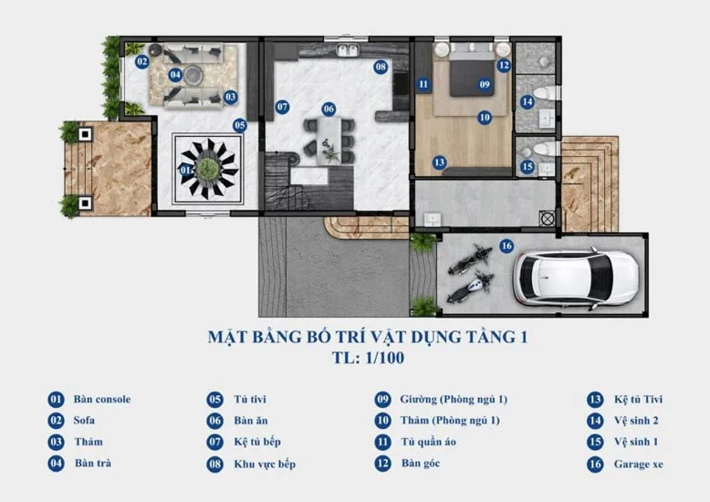 Bản vẽ mặt bằng tầng trệt của biệt thự mái ngôi hiện đại 2 tầng 