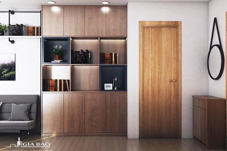 Kệ sách và gương trong treo tường mang nét hiện đại cho thiết kế căn hộ 1 phòng ngủ tphcm