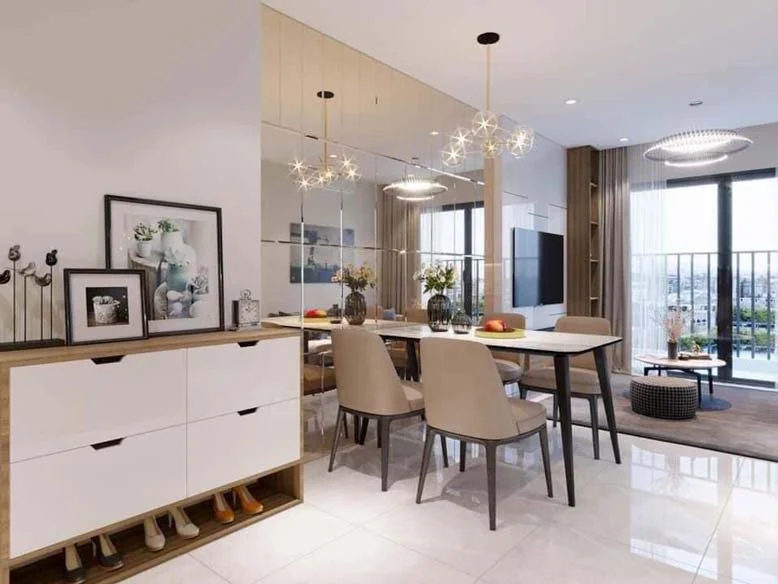 Phòng khách nối liền với phòng bếp cực sang trọng trong thiết kế căn hộ Vinhome quận 9