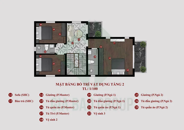Mặt bằng tầng 2 của biệt thự 1 trệt 1 lầu mái Thái