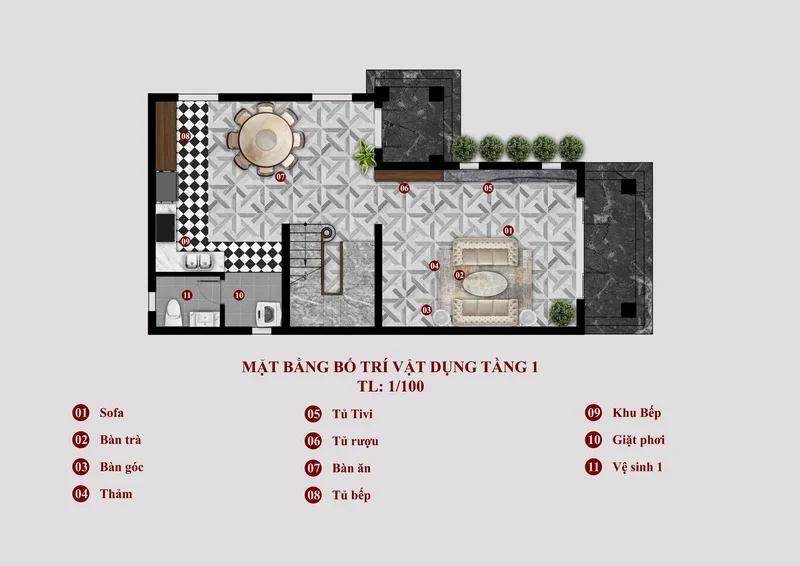 Mặt bằng bố trí tầng 1 nhà phố 6m 2 tầng