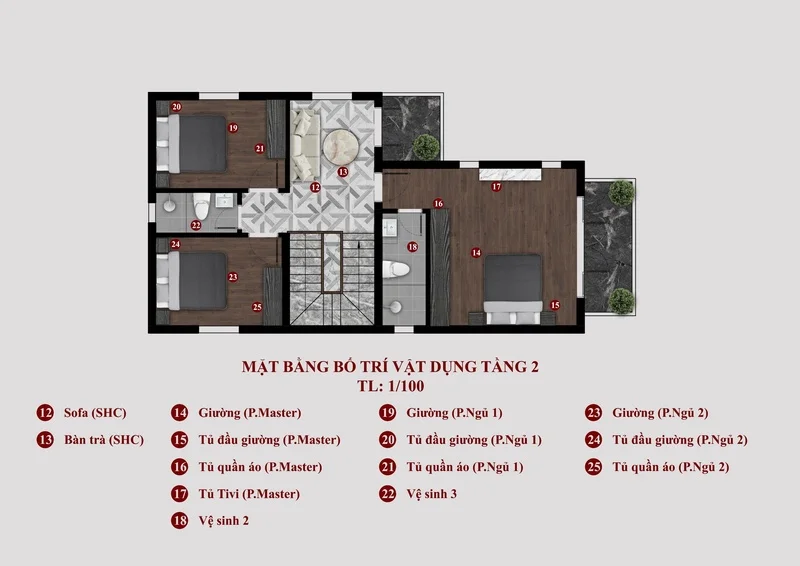 Mặt bằng bố trí tầng 2 nhà phố 6m 2 tầng