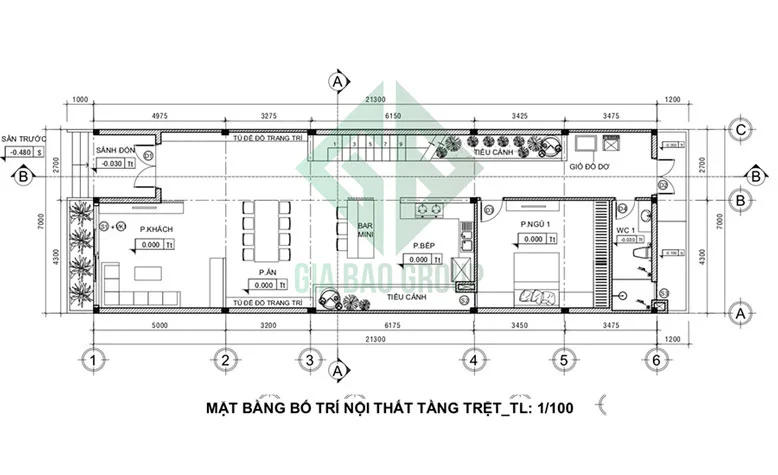 Mặt bằng tầng trệt của mẫu biệt thự mini 2 tầng
