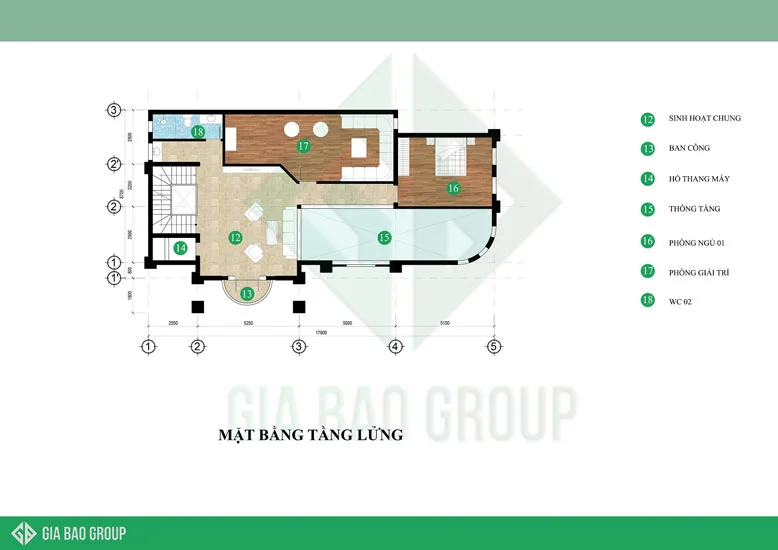 Mặt bằng tầng lửng của mẫu biệt thự tân cổ điển với không gian thoáng mát, tận dụng ánh sáng tự nhiên