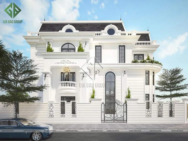 Mẫu biệt thự tân cổ điển với cổng sắt mỹ thuật tinh tế