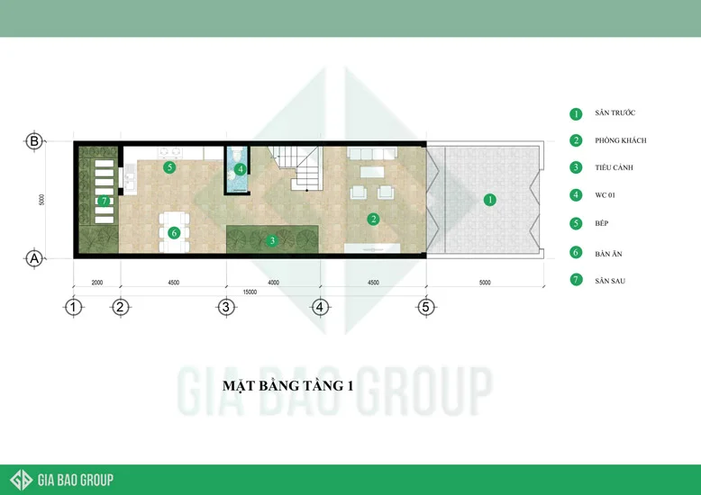 Mặt bằng tầng 1 của mẫu nhà phố 3 tầng hiên đại