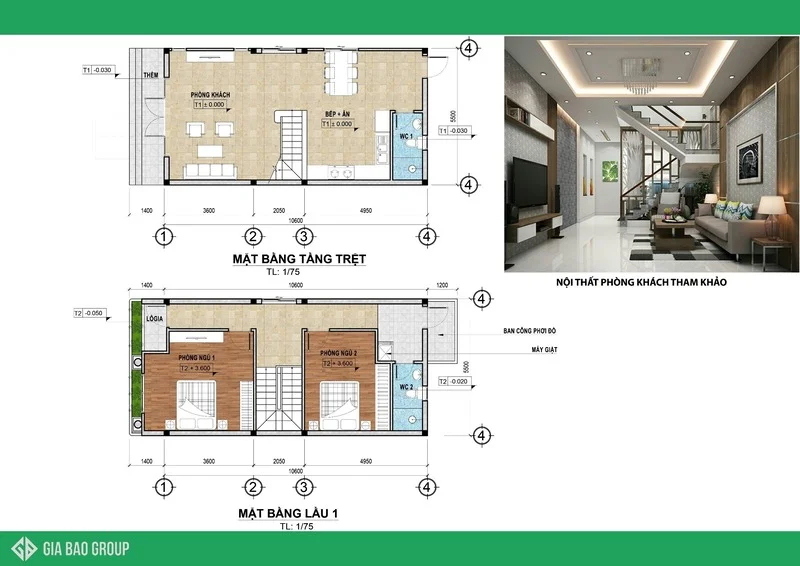 Bản vẽ nhà phố 2 tầng 5x20m phong cách hiện đại
