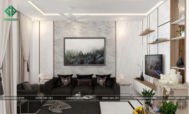 Bộ ghế sofa màu đen làm điểm nhấn chủ đạo cho căn biệt thự