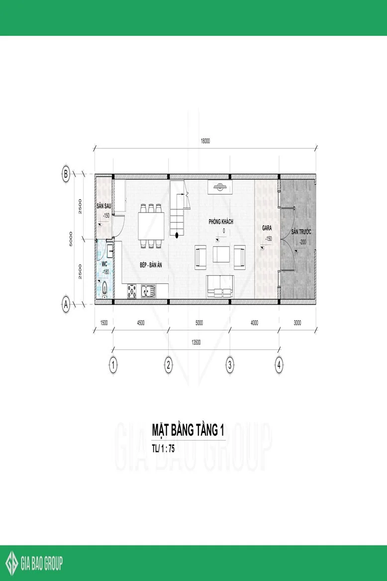Bãn vẽ không gian tầng 1 được sắp xếp 1 cách hợp lý của mẫu thiết kế nhà phố 1 trệt 3 lầu đẹp tại đồng nai