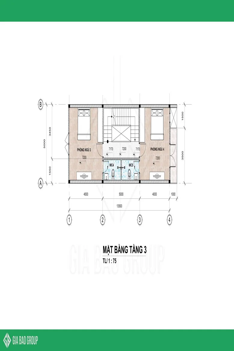 Mặt bằng bản vẽ tầng 3 của mẫu nhà phố 1 trệt 3 lầu đẹp