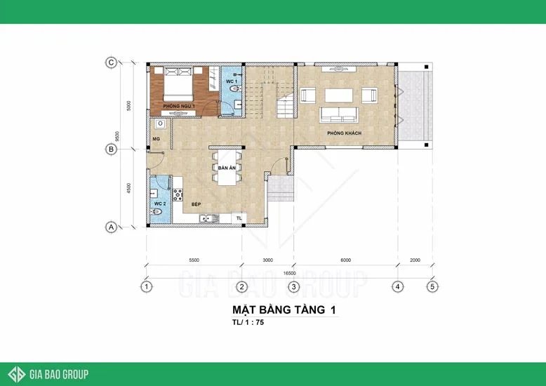 Mặt bằng công năng tầng 1.