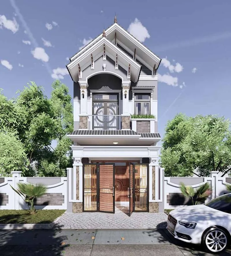 Thiết kế nhà phố mái thái 2 tầng 4 phòng ngủ