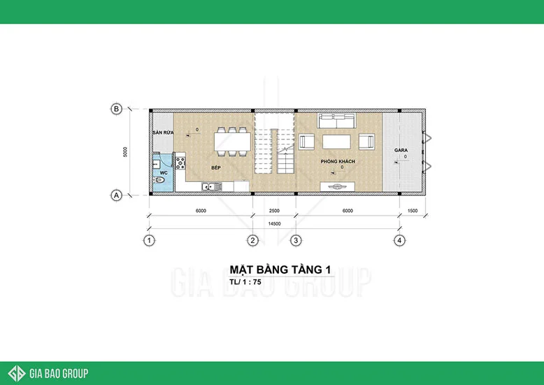 Bản vẽ thiết kế tầng 1 của mẫu nhà phố 3 tầng tân cổ điển
