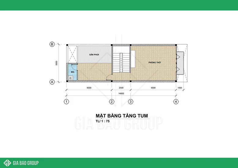 Mặt bằng tầng tum gồm không gian thờ cúng của nhà phố 3 tầng tân cổ điển