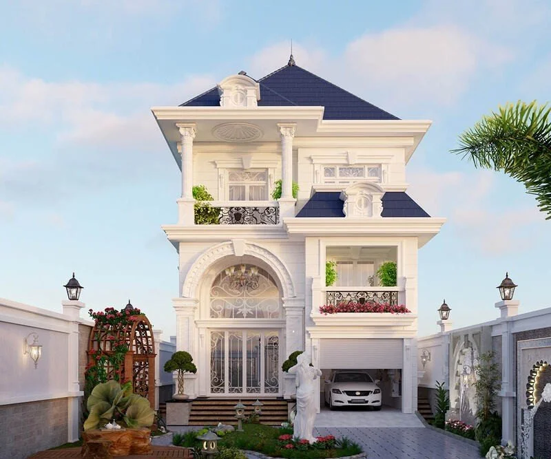 Mẫu nhà phố kiểu pháp 2 tầng mái lệch