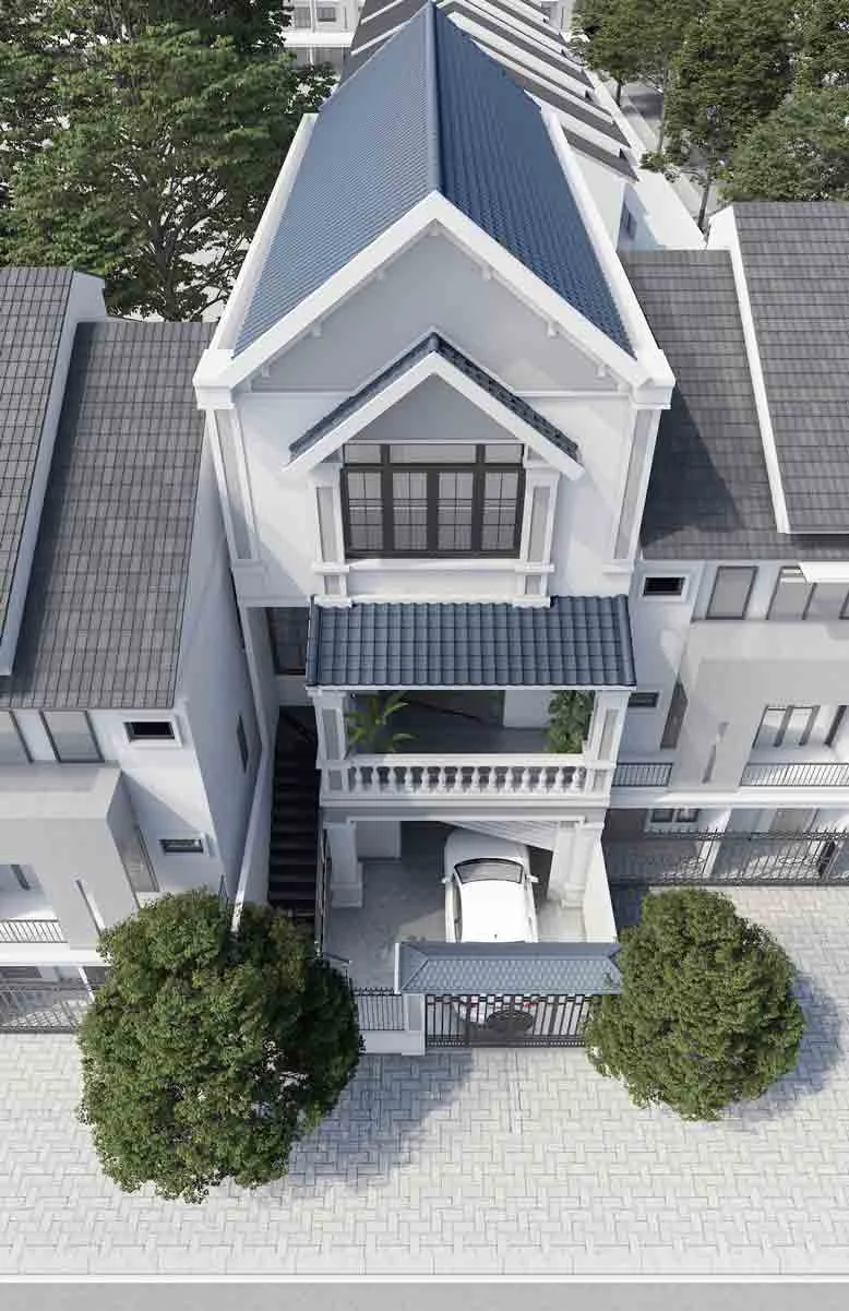 Tổng quan ngoại thất nhà phố mái ngói bên ngoài