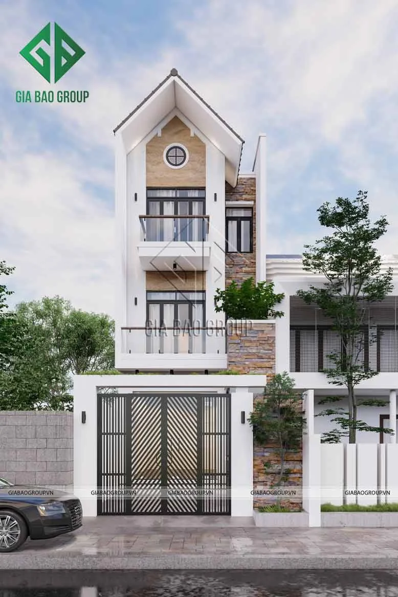 Nhà phố mái ngói với màu nâu phối trắng