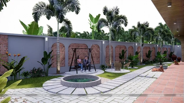 Phần sân vườn rộng rãi nhiều cây xanh