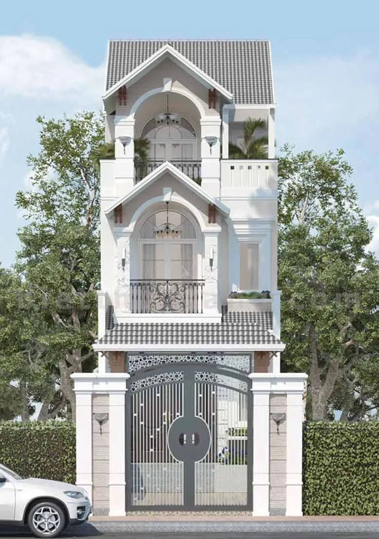 Trang trí thêm phần mái ngói phụ tạo điểm nhấn cho mẫu nhà phố tân cổ điển 3 tầng đẹp