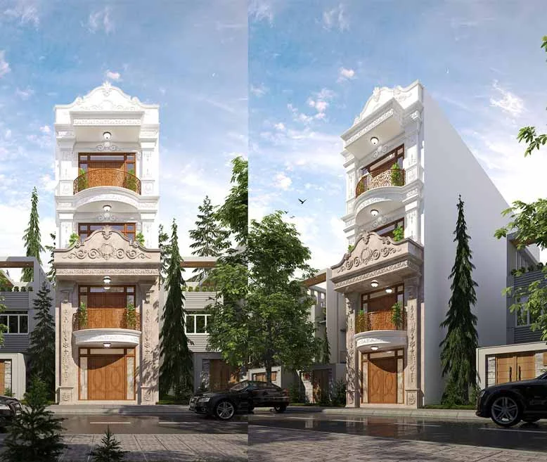 Mẫu nhà phố tân cổ điển 4 tầng sang trọng với cửa chính được ốp gỗ nâu