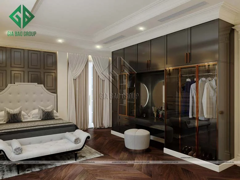 Nội thất tân cổ điển với cửa kính hiện đại.